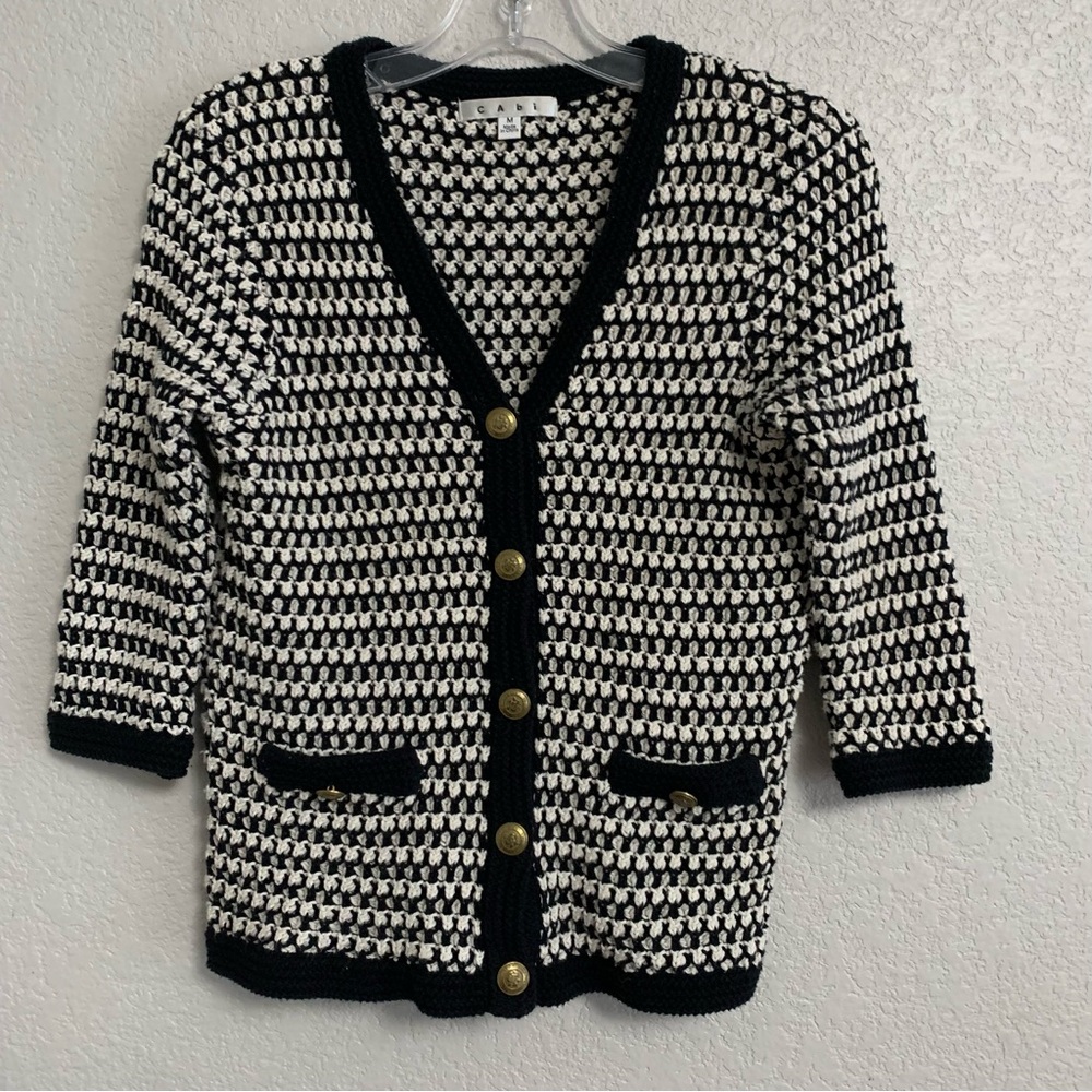 Cabi Cardigan Sweater Womens M Cotton Textured Vneck Gold Button Preppy Capsule